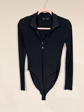 Zara Black Long-Sleeve Ribbed Collar Bodysuit Size Small